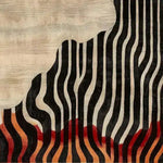 A stunning Energy Pulse tufted wool area rug featuring an abstract design with flowing black and beige stripes, accented by vibrant red and orange hues. Perfect for adding a modern touch to your living room, this wool rug is an eye-catching piece among area rugs for living rooms.