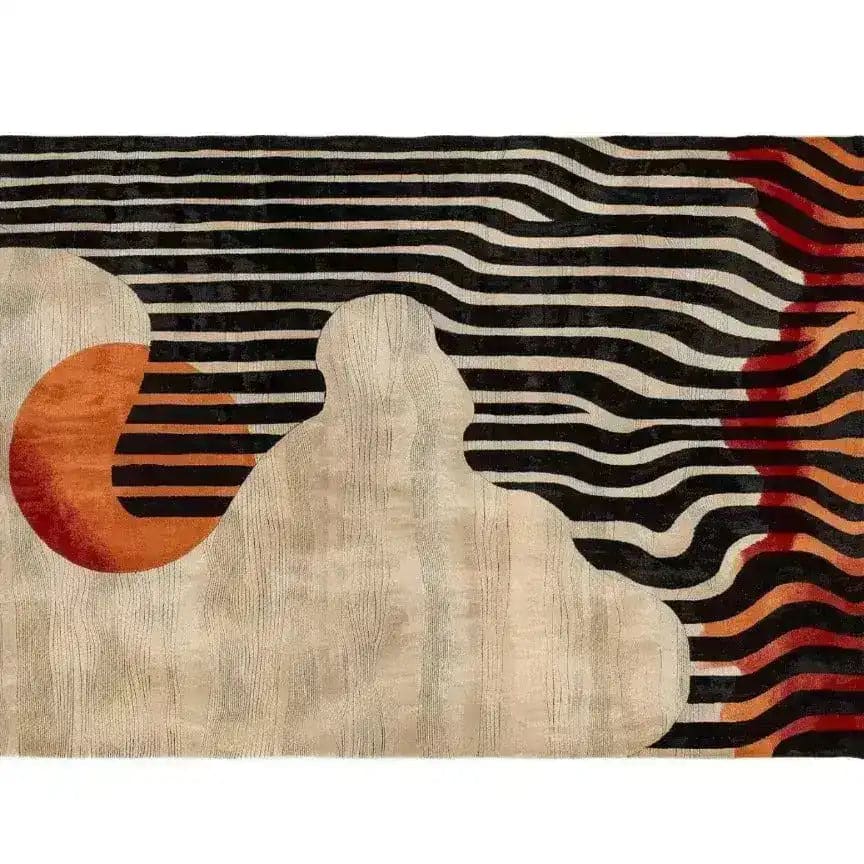 This vibrant area rug, perfect for the living room, features a dynamic abstract design with bold black stripes and warm orange accents, crafted from high-quality wool. This tufted wool rug adds a touch of modern artistry to any living space, making it an ideal choice among area rugs for living rooms.