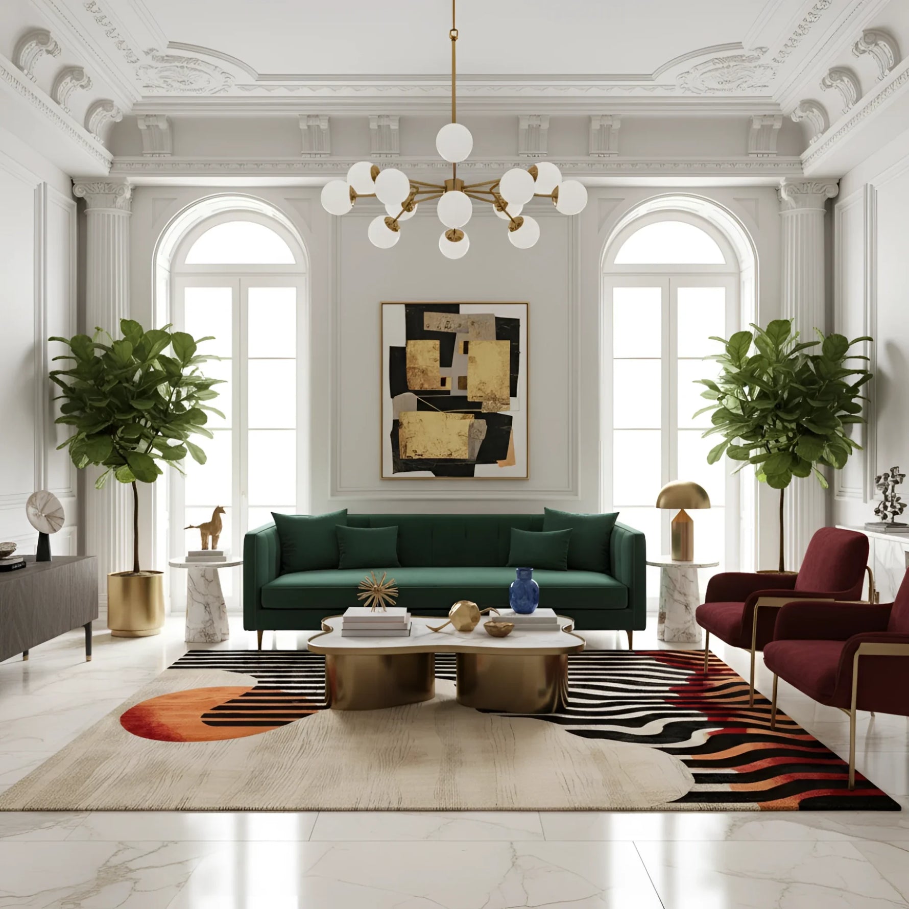 Modern living room with green sofa, colorful rug, and decorative elements.