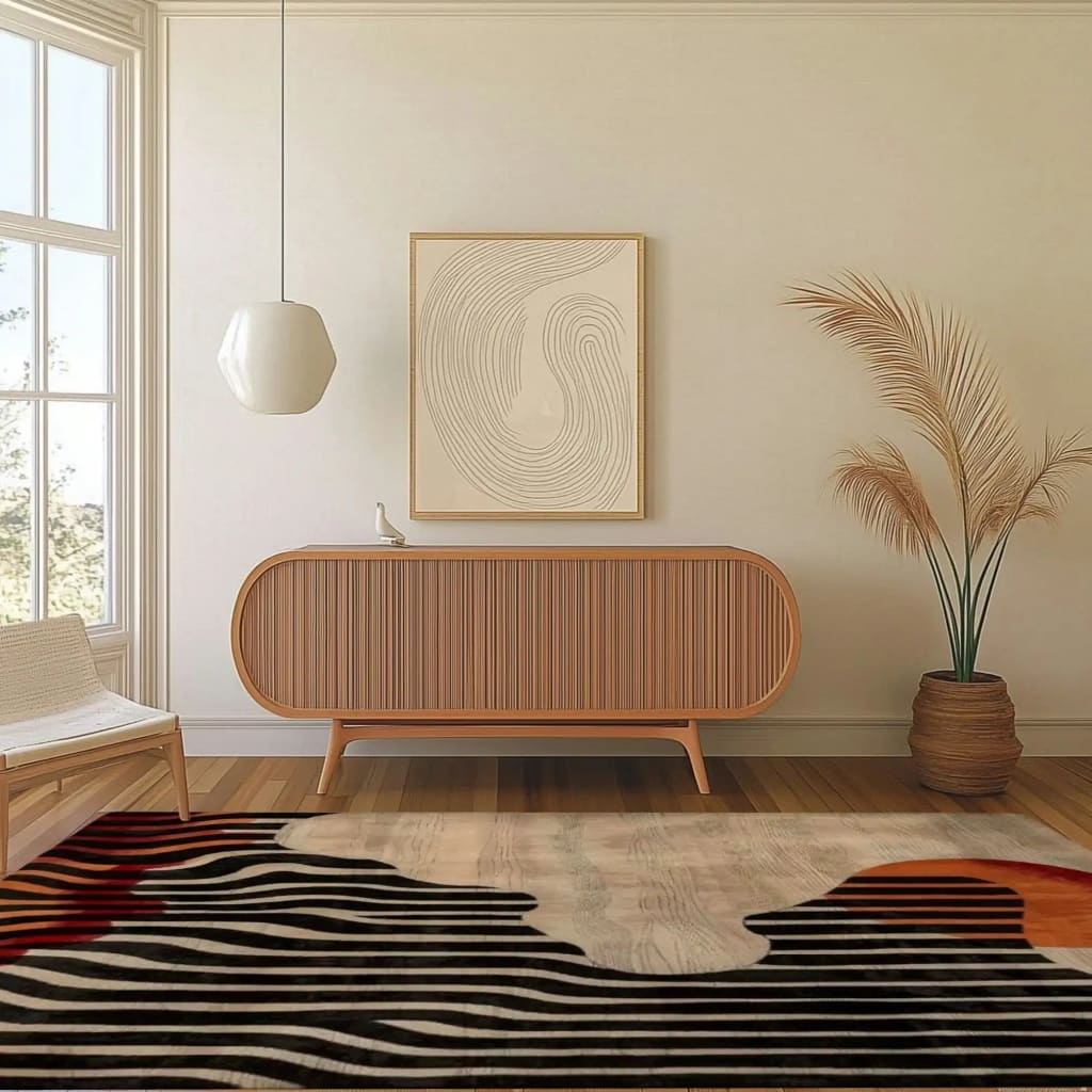 Stylish living room featuring a modern tufted wool area rug with abstract patterns, perfect for adding a contemporary touch to your space. This area rug complements the warm tones of the wooden floor and minimalist decor, making it an ideal choice for area rugs in the living room.