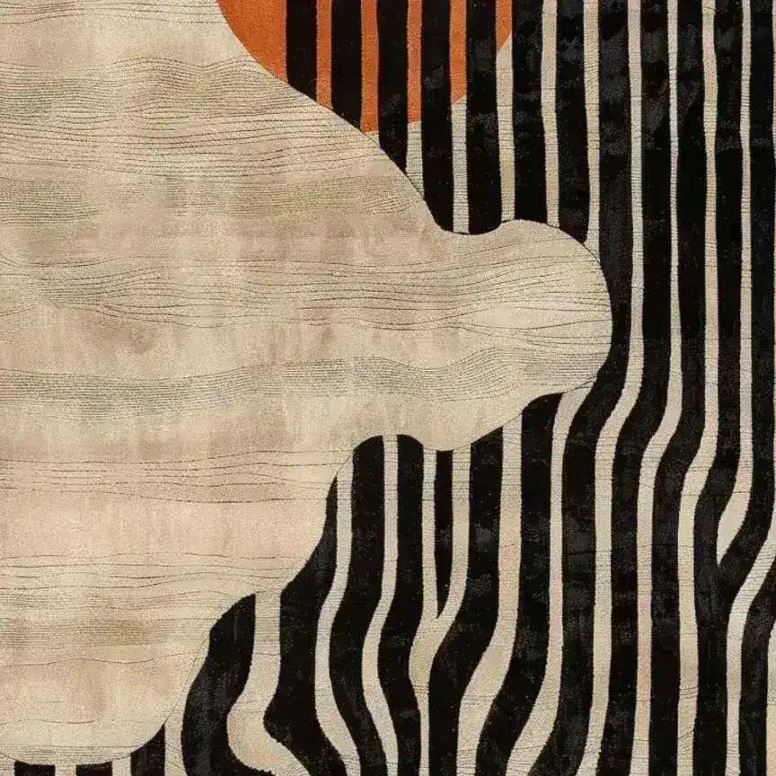 A close-up view of the Energy Pulse Tufted Wool Rug, showcasing its abstract design with bold black stripes and subtle earthy tones, perfect for adding a modern touch to your living room. This area rug highlights the elegance of wool rugs as a stylish choice for area rugs in living rooms.