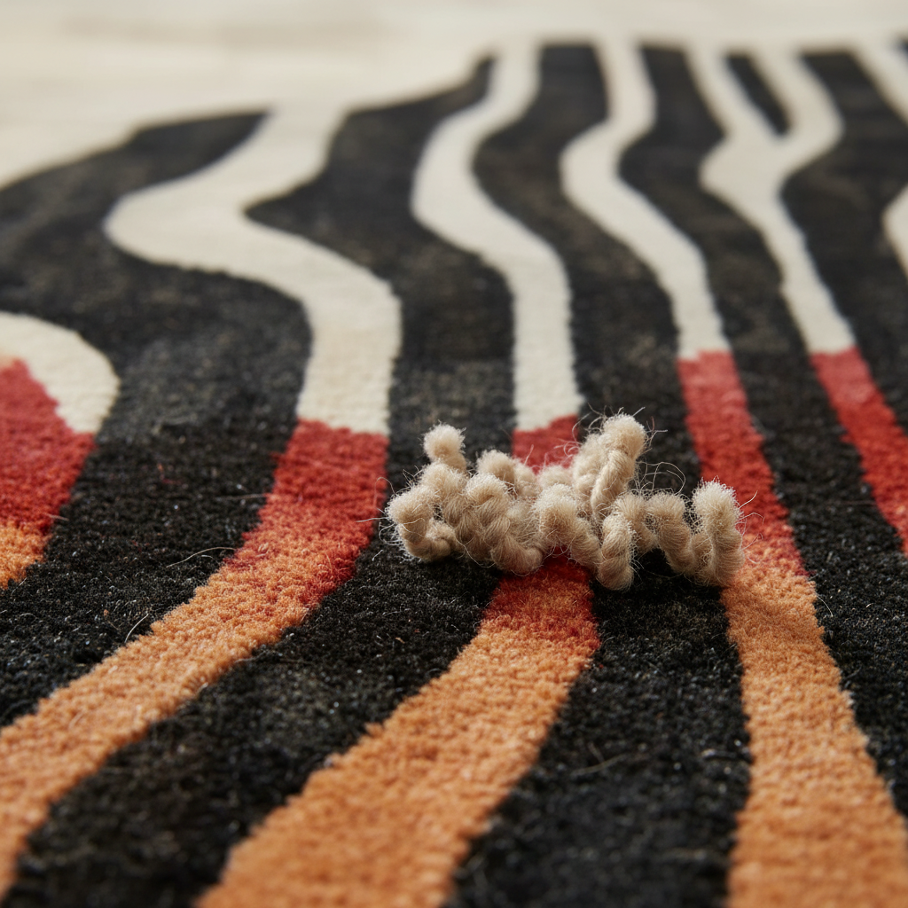 Close-up of a textured rug with black, white, and orange stripes.