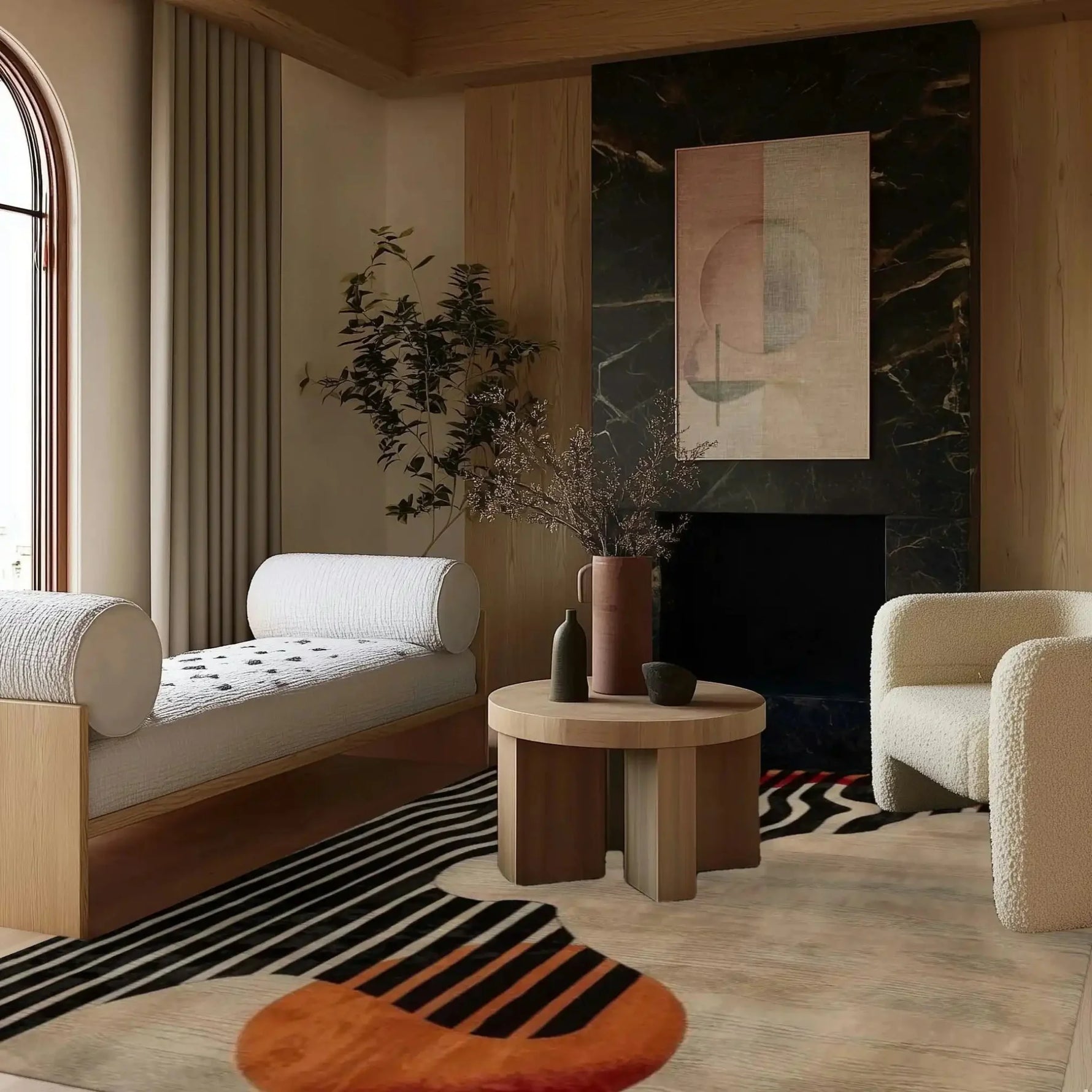 Stylish living room featuring an Energy Pulse tufted wool area rug with abstract design in vibrant colors. The rug complements the modern decor with a cozy armchair, minimalist wooden table, and elegant wall art, perfect for area rugs for living room.