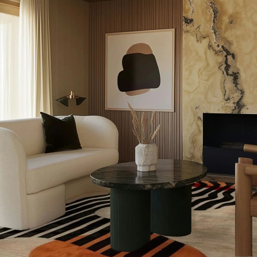 Stylish living room featuring a tufted wool area rug with abstract patterns, complementing the modern decor. The rug adds warmth and texture to the space, ideal for area rugs for living room settings.