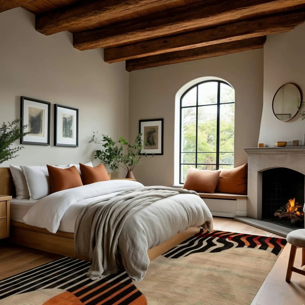 Cozy living room featuring an Energy Pulse tufted wool area rug with a bold abstract design. The area rug enhances the warm ambiance with its rich colors and intricate patterns, perfectly complementing the inviting fireplace and stylish decor, making it an ideal choice for area rugs in a living room setting.