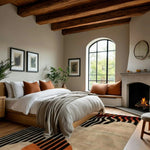 Cozy living room featuring an Energy Pulse tufted wool area rug with a bold abstract design. The area rug enhances the warm ambiance with its rich colors and intricate patterns, perfectly complementing the inviting fireplace and stylish decor, making it an ideal choice for area rugs in a living room setting.