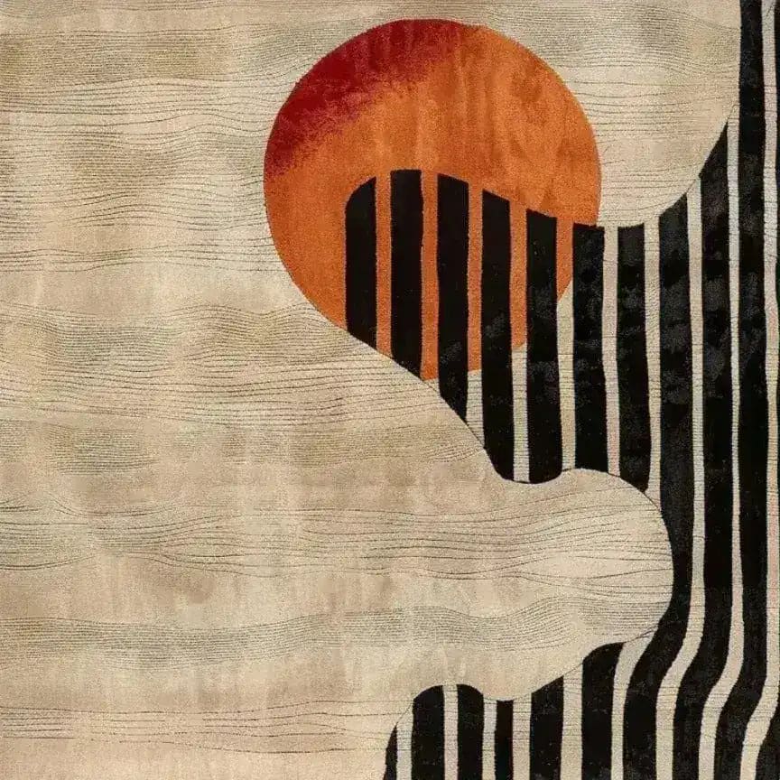 A stylish area rug featuring an abstract design with bold black stripes and a vibrant red-orange circle, perfect for enhancing any living room. This wool rug combines modern artistry with comfort, making it an ideal choice for area rugs in a living room setting.