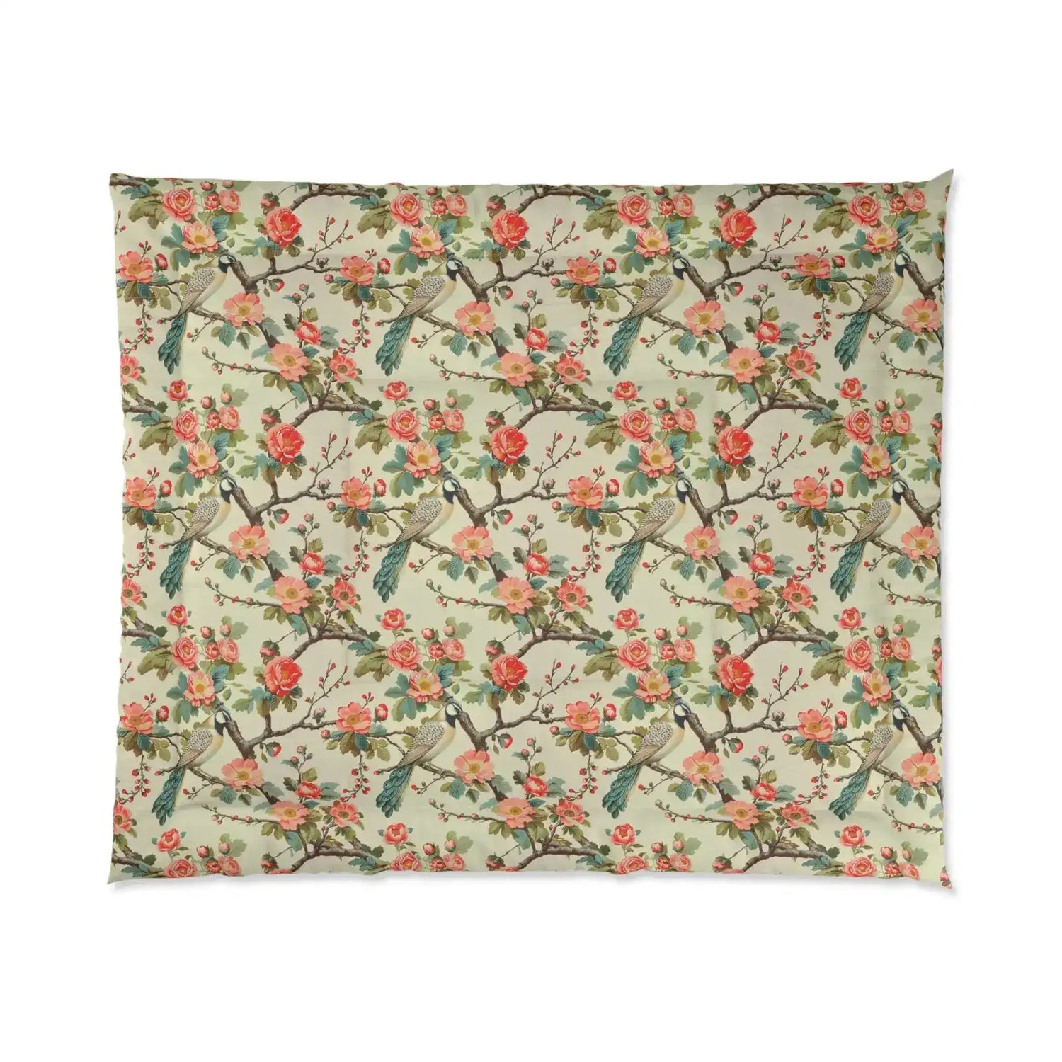 English Garden comforter flat, cream ground with vintage roses, branches and birds