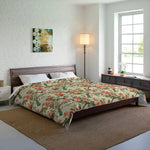 Cream floral comforter with roses and birds on wood bed in white brick bedroom with lamp