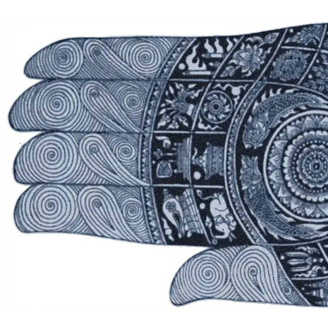 An intricately designed area rug shaped like a Buddha hand, featuring detailed patterns and symbols. Perfect for adding a spiritual touch to living room spaces, this wool rug is ideal for those seeking unique living room rugs in 8x10 dimensions. A beautiful addition to any home decor, enhancing the aesthetics of your space.