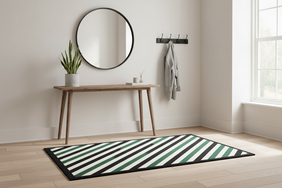 Striped rug on a wooden floor with a mirror, table, and coat rack in the background.