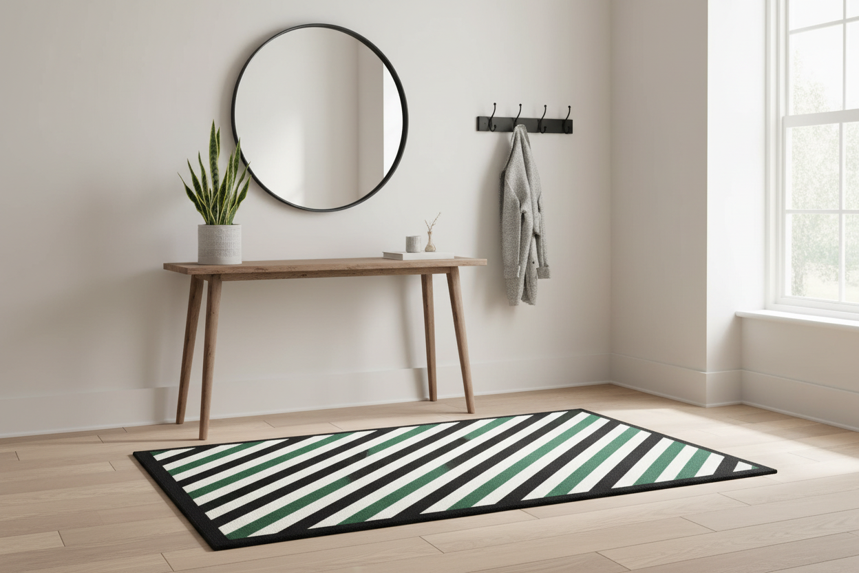 Striped rug on a wooden floor with a mirror, table, and coat rack in the background.