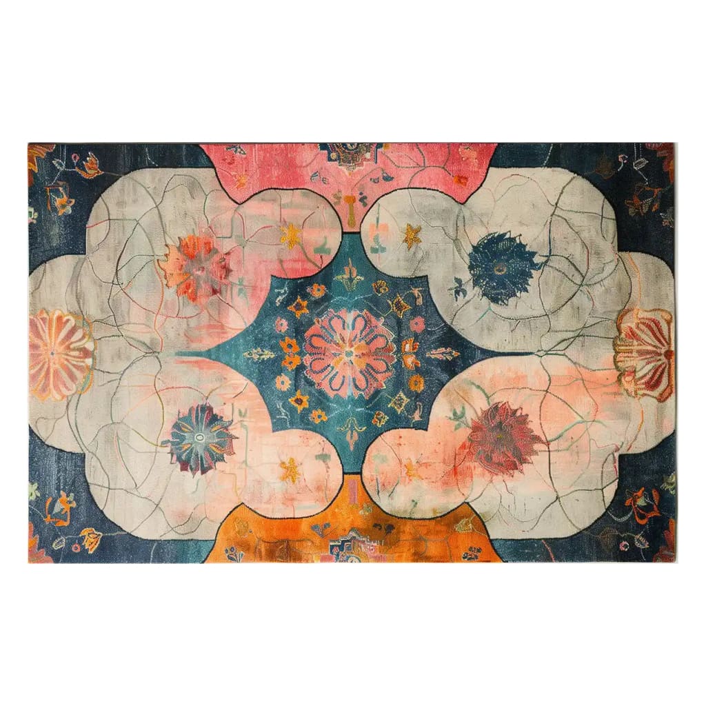 A vibrant Era’s Embrace Hand Tufted Wool Area Rug featuring an abstract design with colorful floral patterns in shades of pink, blue, orange, and cream. The intricate details create a dynamic visual appeal, perfect for adding a touch of elegance to any room.
