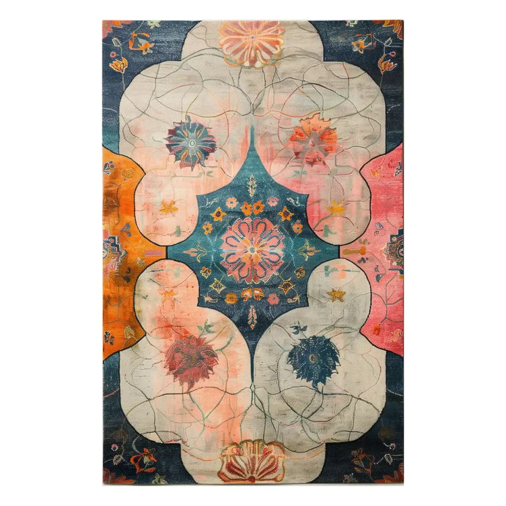 A vibrant and artistic hand-tufted wool area rug featuring an abstract floral design in bold shades of blue, pink, and orange, creating a captivating centerpiece for any room.