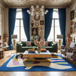 Luxurious living room with green sofa, colorful rug, and decorative elements.