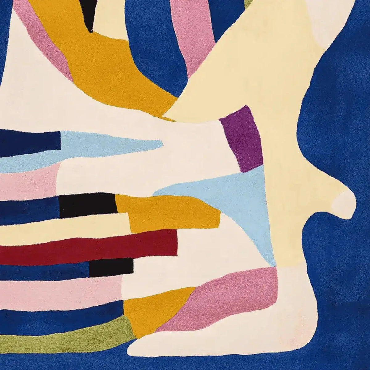 Vibrant area rug with an abstract design featuring bold colors like blue, pink, and mustard, perfect for contemporary living rooms. Ideal as a living room rug in an 8x10 size, this hand-tufted wool rug adds a modern touch to any space.