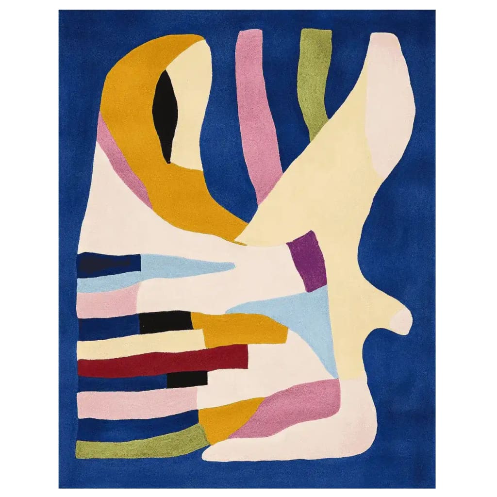 Top view of the Eroded Lightscape Veil Hand Tufted Rug, a contemporary area rug featuring an abstract design with vibrant colors including blue, yellow, pink, and green. Ideal for adding a modern touch to living rooms, this wool rug measures 8x10 and enhances any space with its bold artistic flair.