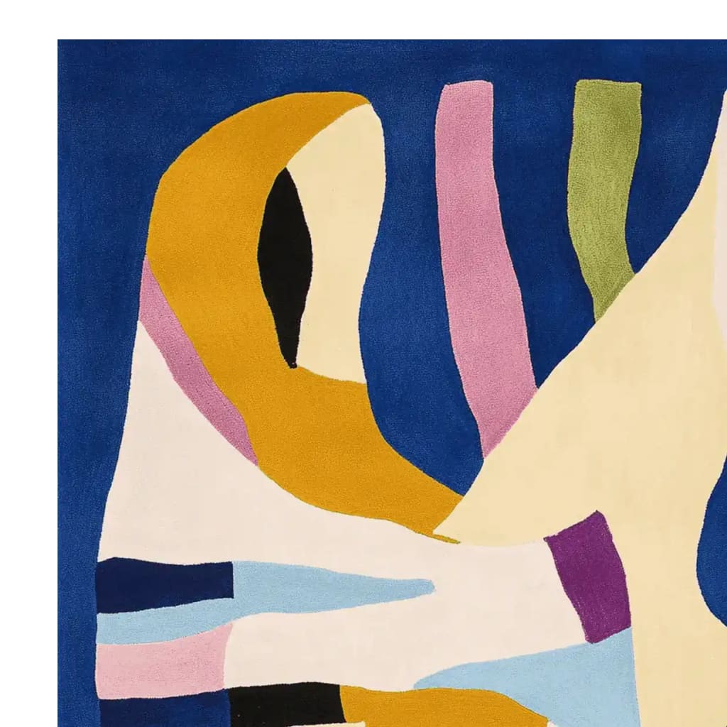 This image showcases a vibrant, abstract Eroded Lightscape Veil Hand Tufted Area Rug, perfect for adding a contemporary touch to your living room. The rug features bold colors including blue, yellow, pink, and green, making it an eye-catching centerpiece for any space. Ideal for those seeking rugs for living room settings, this wool rug measures 8x10 and offers a modern aesthetic.