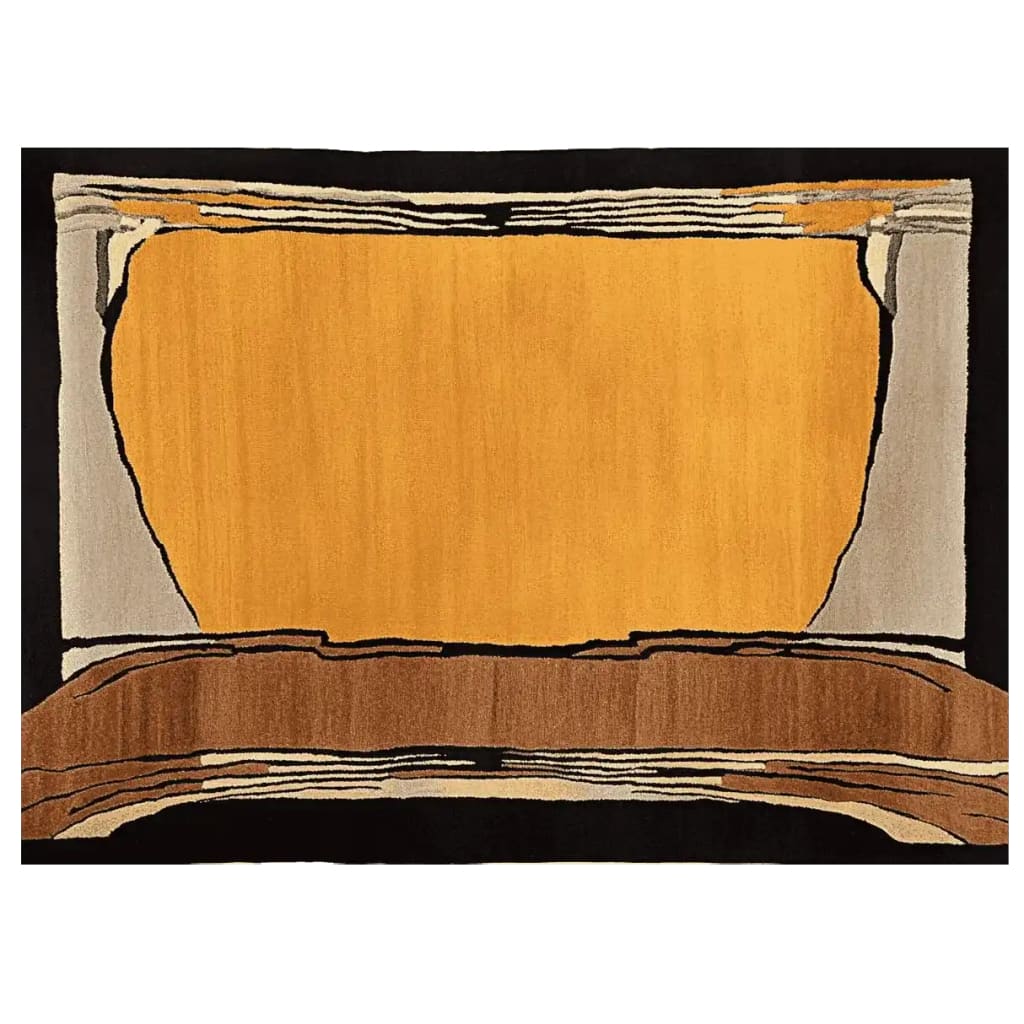 A contemporary area rug featuring an abstract erosion pattern with warm earthy tones. Perfect for adding a touch of modern style to your living room. This 8x10 wool rug is ideal for cozy spaces, showcasing a unique hand-tufted design.