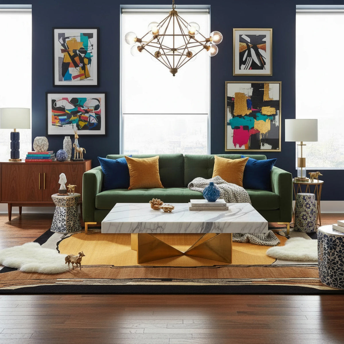 Modern living room with a green sofa, colorful abstract rug, and a geometric chandelier.