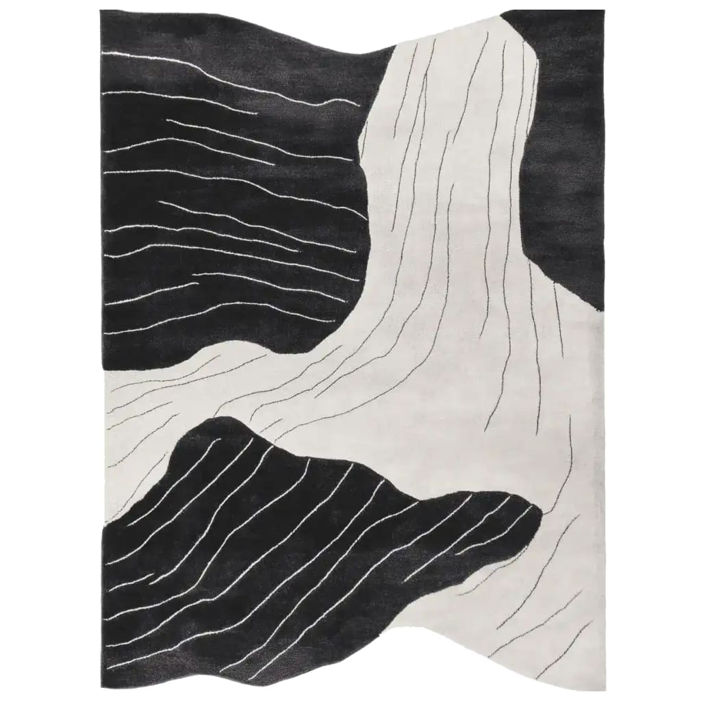 Erosion Stream Veins Hand Tufted Area Rug featuring a striking black and white abstract design. Ideal for contemporary living rooms, this wool rug provides a modern touch to any space, making it a perfect choice for living room area rugs.