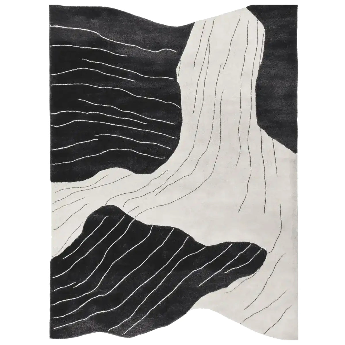 Erosion Stream Veins Hand Tufted Area Rug featuring a striking black and white abstract design. Ideal for contemporary living rooms, this wool rug provides a modern touch to any space, making it a perfect choice for living room area rugs.