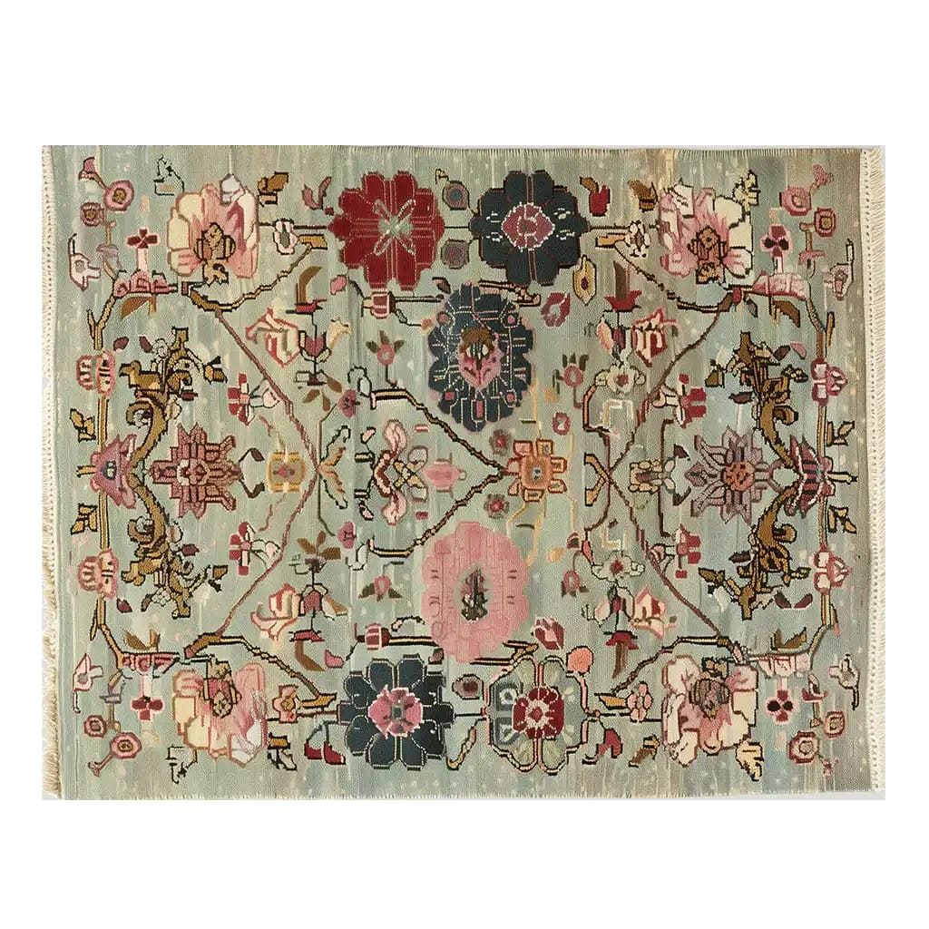 A beautifully designed area rug featuring intricate floral patterns in a harmonious blend of pastel colors. This knotted wool rug exudes elegance with its detailed craftsmanship, making it a perfect addition to any living space for a touch of timeless style.