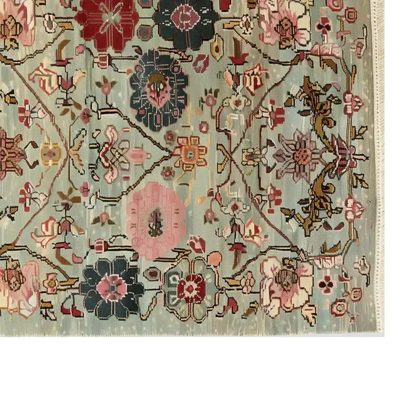 Vibrant, intricate design of the Eternal Bloom Knotted Wool Rug showcasing an array of colorful floral patterns and geometric shapes on a soft background. This area rug adds a touch of elegance and warmth to any room decor.