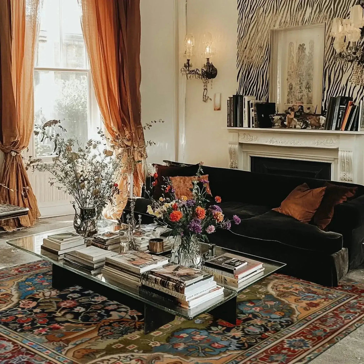 This elegant living room features a vibrant 'Eternal Blossom' wool hand-knotted area rug, showcasing intricate vintage Persian designs. The square area rug adds a touch of classic charm, perfectly complementing the dark sofa and glass coffee table adorned with books and flowers. Ideal for large living rooms or office spaces, this wool rug creates a warm and inviting atmosphere.