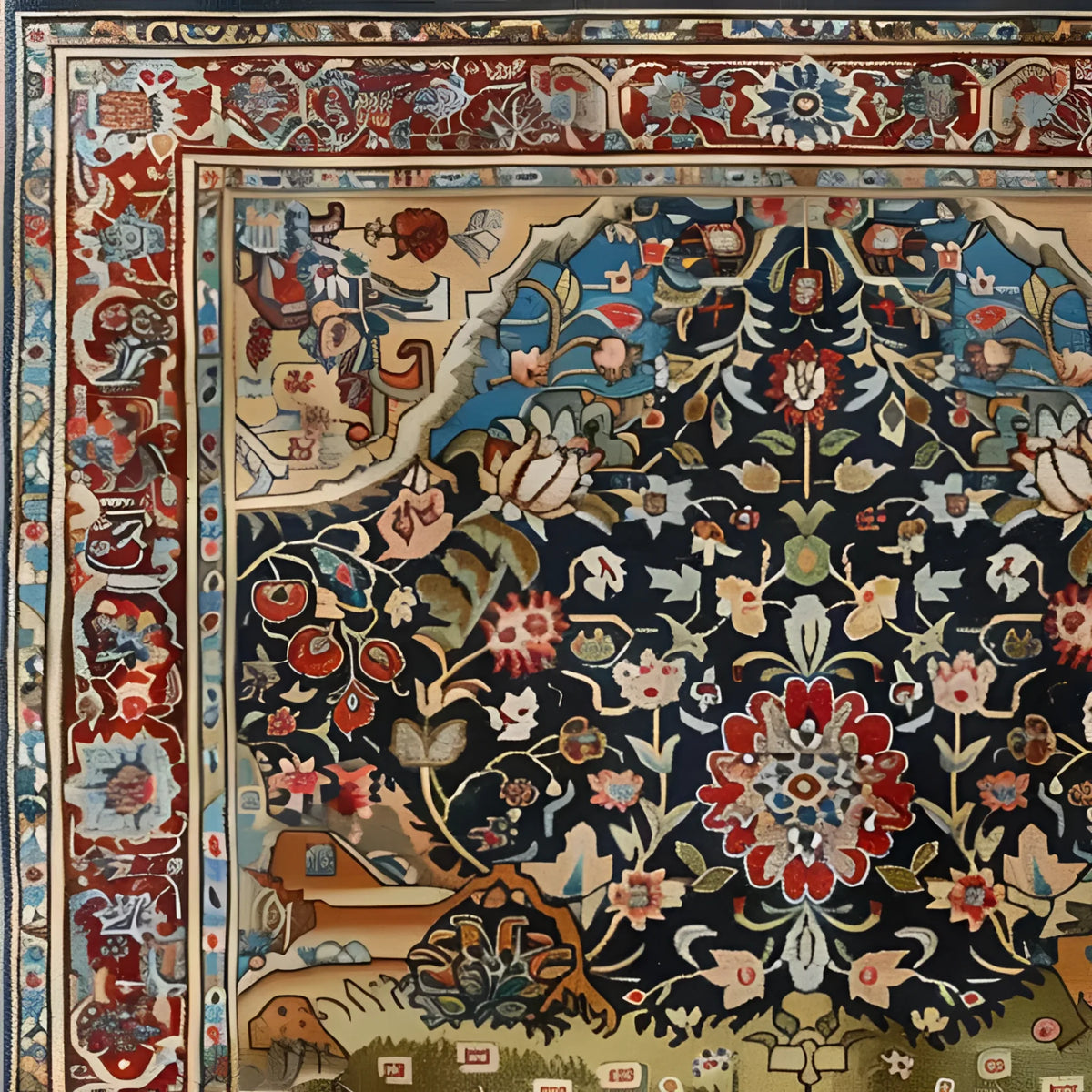 Detailed close-up of the Eternal Blossom Wool Hand Knotted Area Rug featuring intricate Persian-inspired floral patterns. This vintage square area rug showcases vibrant colors, ideal for enhancing large living rooms or office spaces with its luxurious wool texture.