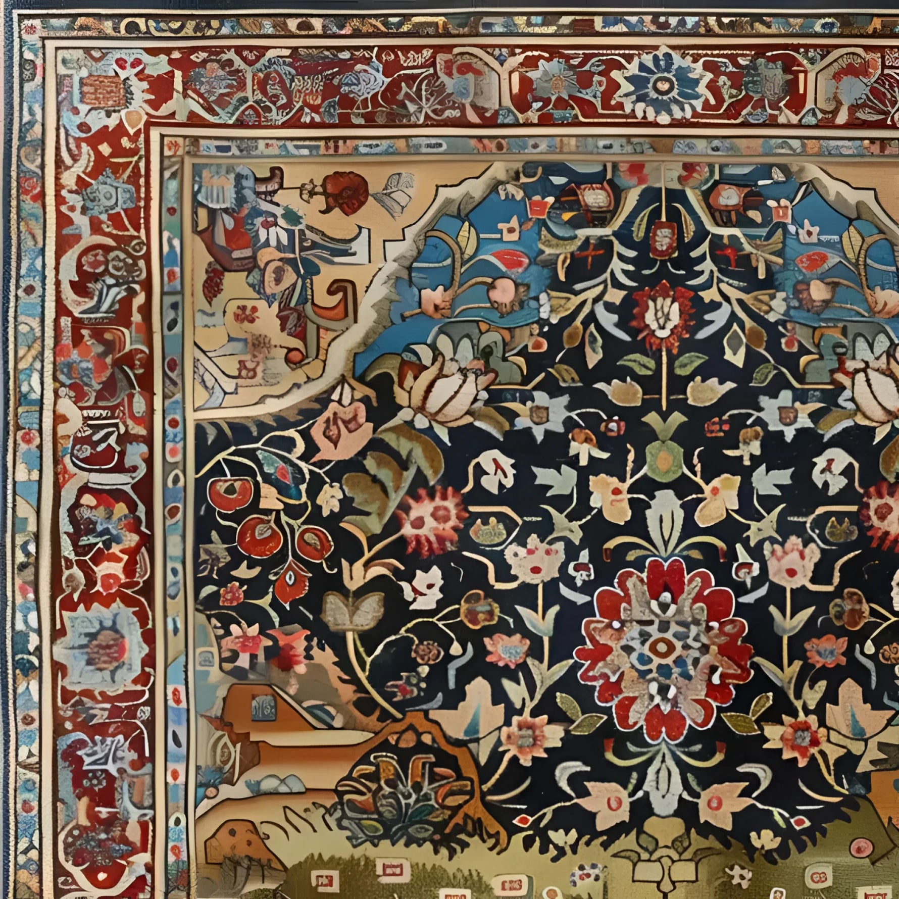 Detailed close-up of the Eternal Blossom Wool Hand Knotted Area Rug featuring intricate Persian-inspired floral patterns. This vintage square area rug showcases vibrant colors, ideal for enhancing large living rooms or office spaces with its luxurious wool texture.