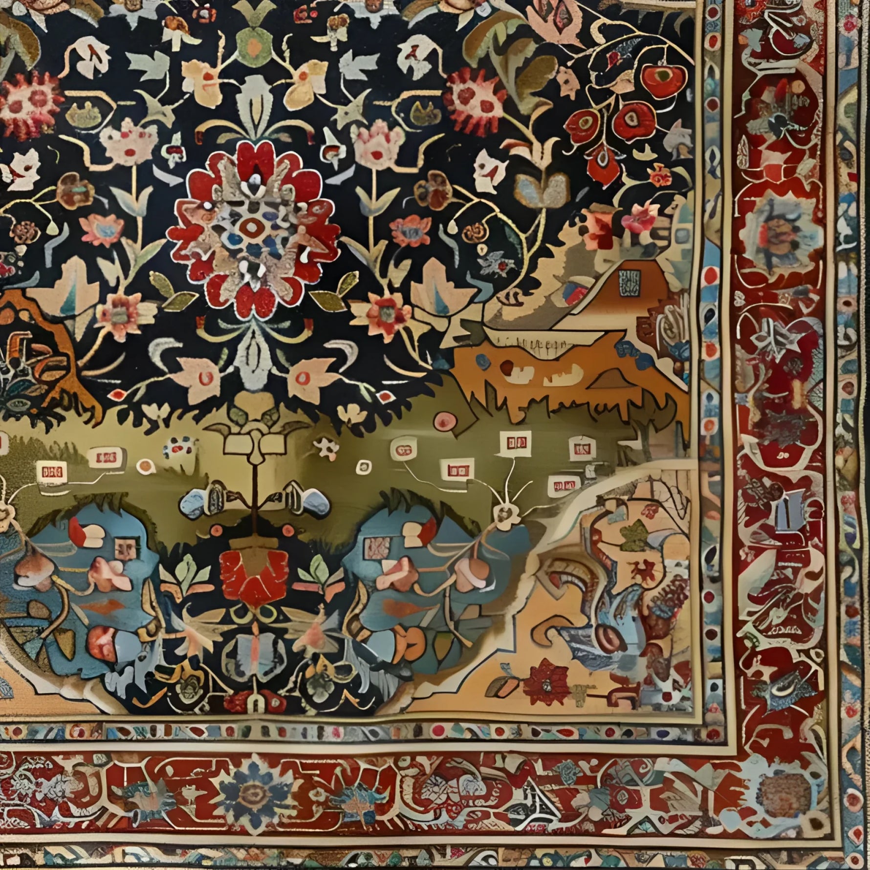 A beautifully detailed Eternal Blossom Wool Hand Knotted Area Rug showcasing intricate floral patterns and vibrant colors. This vintage Persian square area rug is perfect for adding elegance to a living room or office space. The rich wool fabric ensures durability, making it ideal for large living room rugs or adding a touch of class to any setting.
