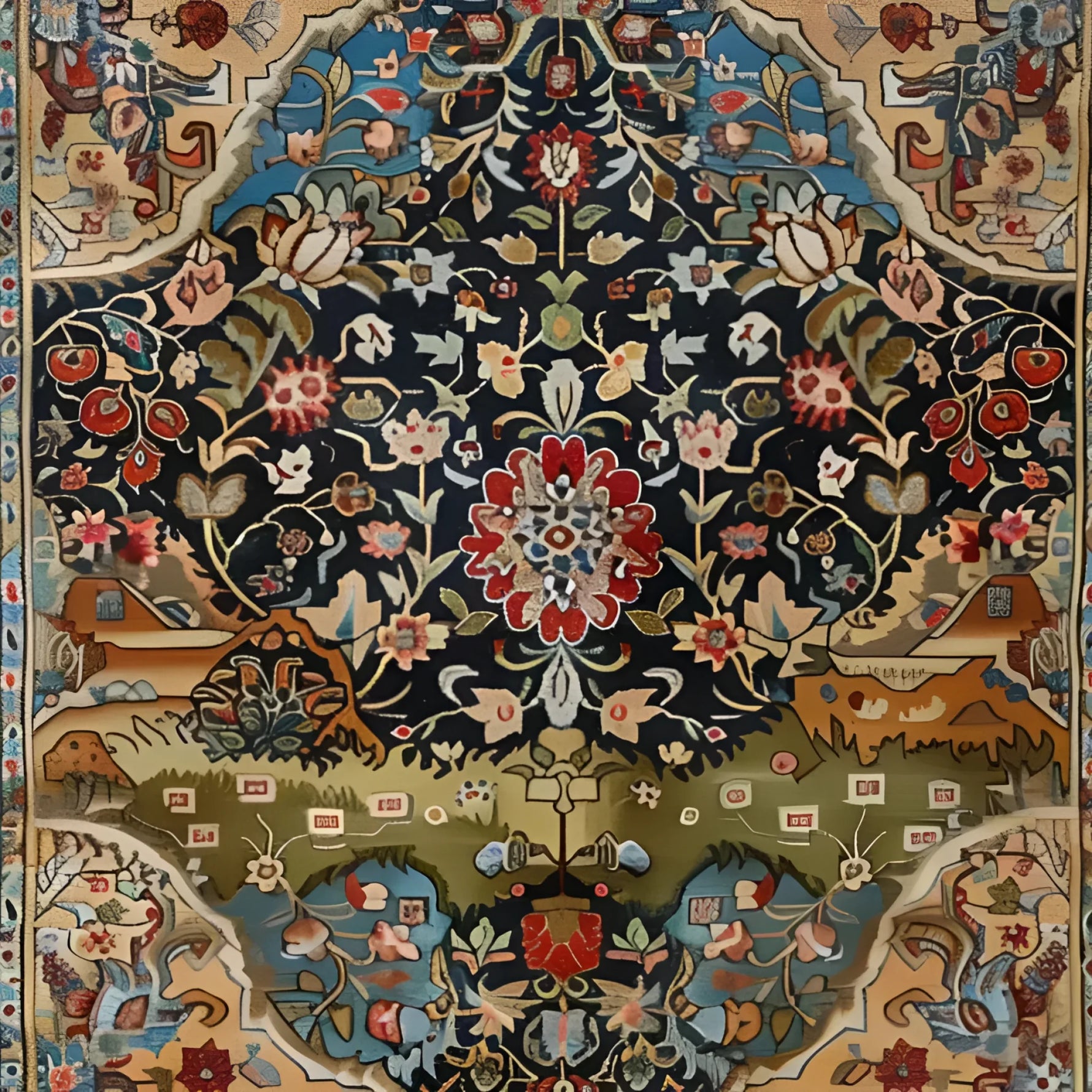 Eternal Blossom Wool Hand Knotted Area Rug featuring a vibrant vintage design with intricate floral patterns. This Persian-style square rug is perfect for adding a touch of elegance to large living rooms or offices. The rich colors and detailed craftsmanship make it an exquisite choice for those seeking high-quality wool rugs for their living room.