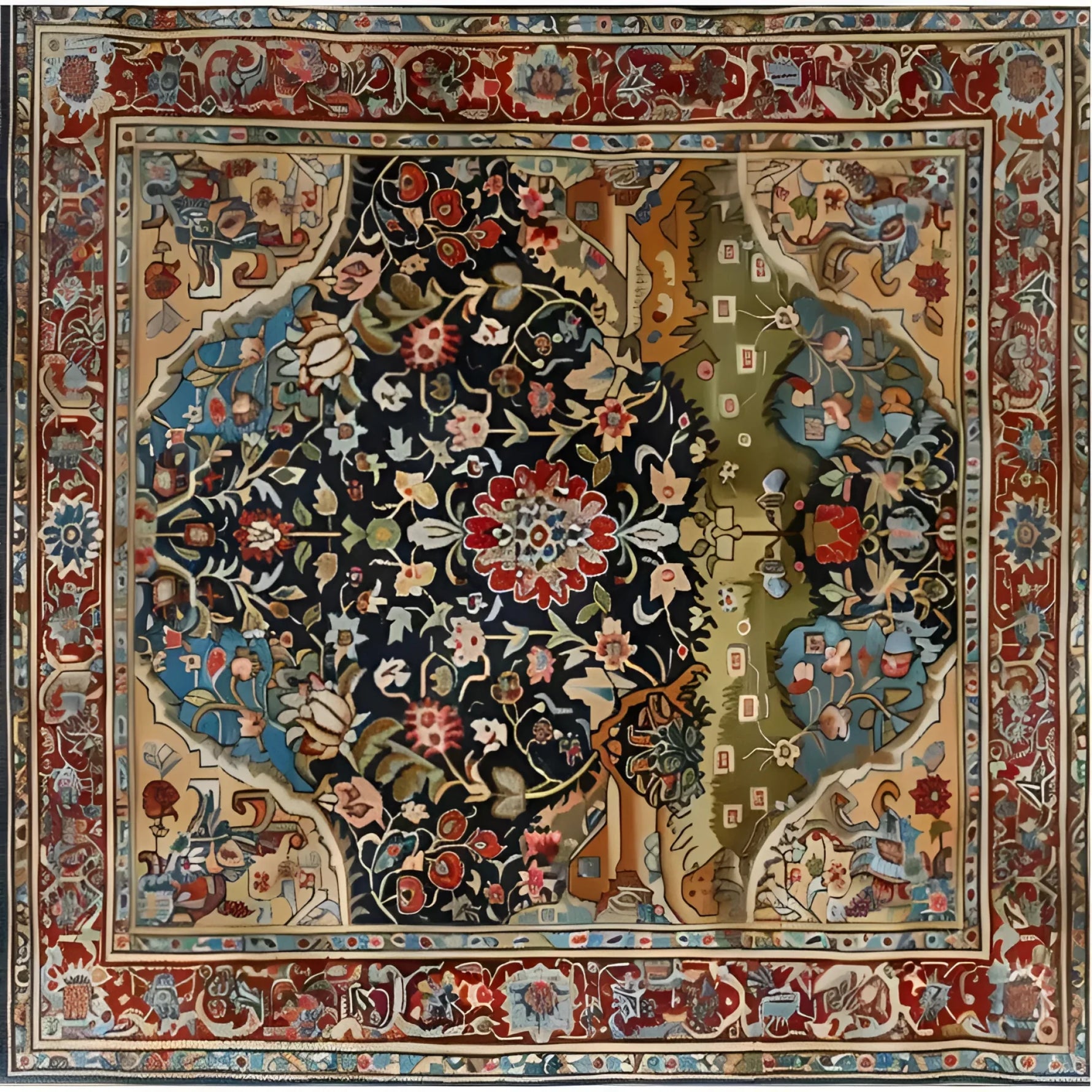 Eternal Blossom Wool Hand Knotted Area Rug featuring an intricate vintage Persian design with vibrant floral patterns in rich colors. Perfect as a large living room rug, this square area rug adds elegance and warmth to your living room or office space.
