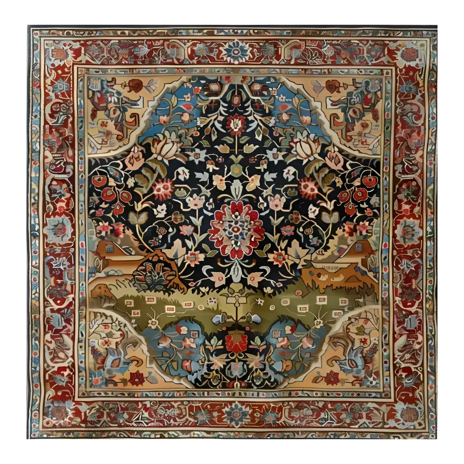 Eternal Blossom Wool Hand Knotted Area Rug featuring an intricate Persian design with vibrant floral patterns. Perfect for enhancing your living room with classic elegance, this 8x10 wool rug brings warmth and style to any space.