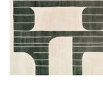 Top view of the Eternal Echoes Veil Knotted Wool Area Rug featuring a modern, abstract design with bold black geometric shapes and stripes on a neutral background.