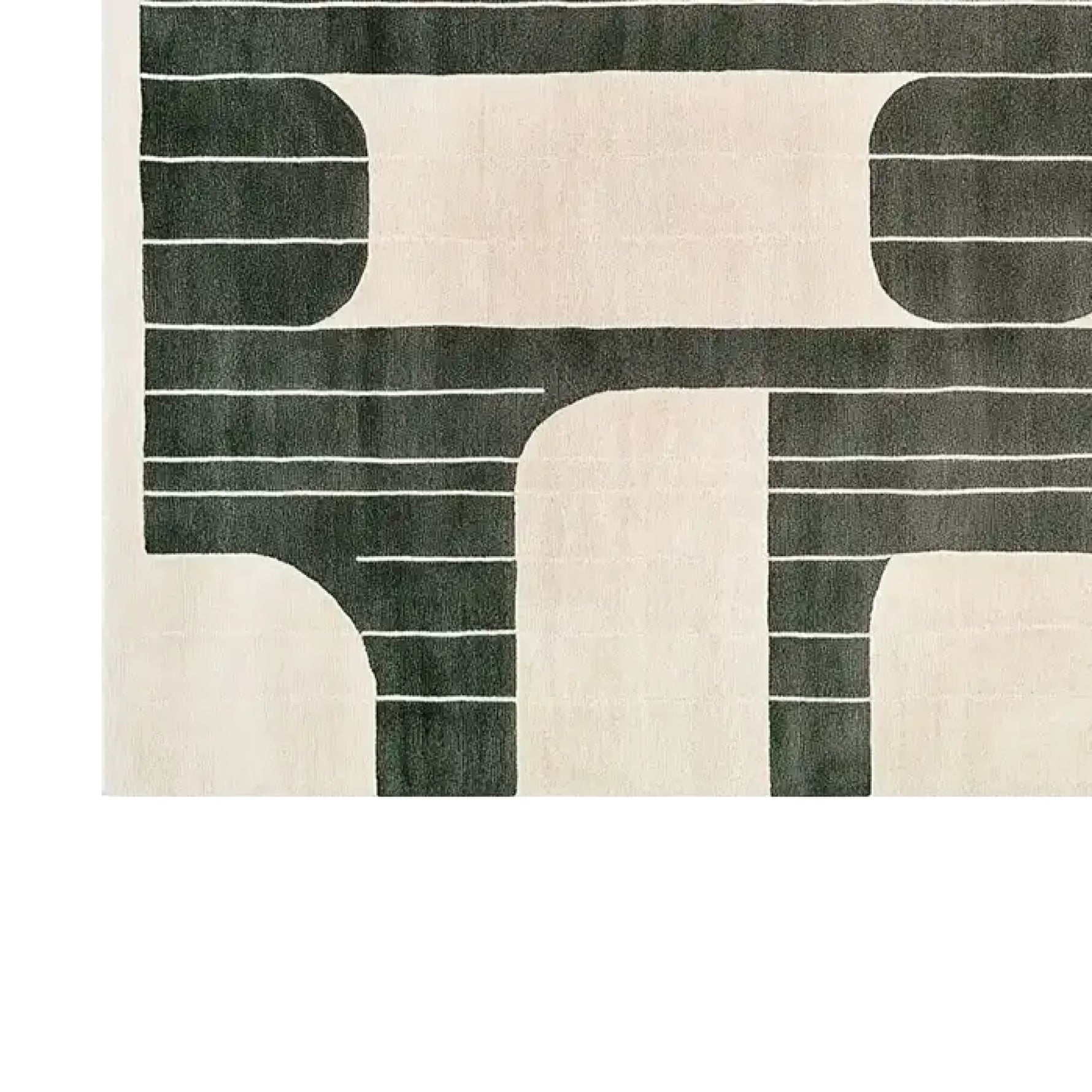 Top view of the Eternal Echoes Veil Knotted Wool Area Rug featuring a modern, abstract design with bold black geometric shapes and stripes on a neutral background.