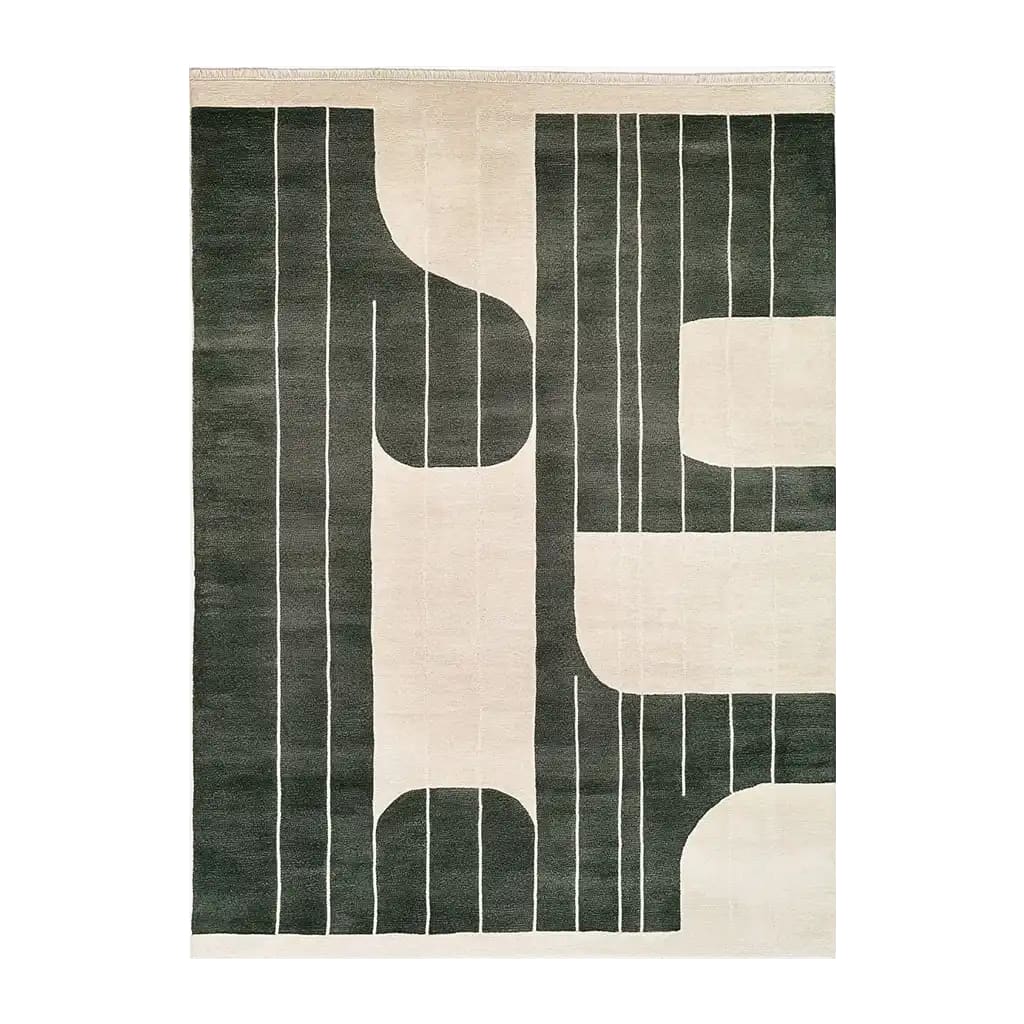 Eternal Echoes Veil Knotted Wool Area Rug featuring a modern abstract design with bold black geometric patterns on a light beige background, perfect for adding a contemporary touch to any room.
