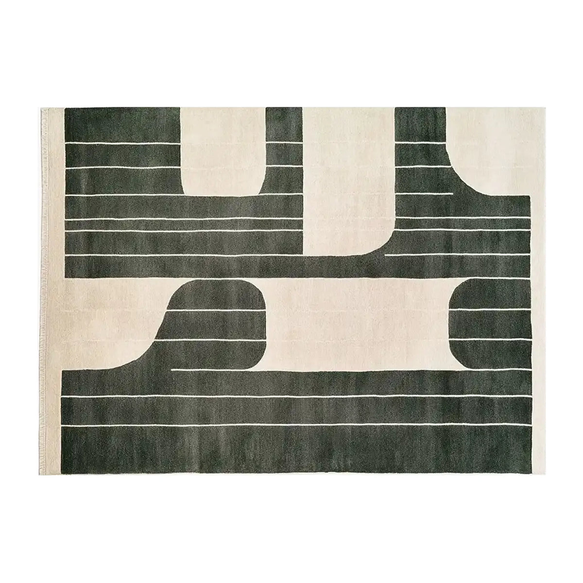Top view of the Eternal Echoes Veil Knotted Wool Area Rug featuring an abstract design with dark and light contrasting stripes, showcasing a modern artistic pattern.