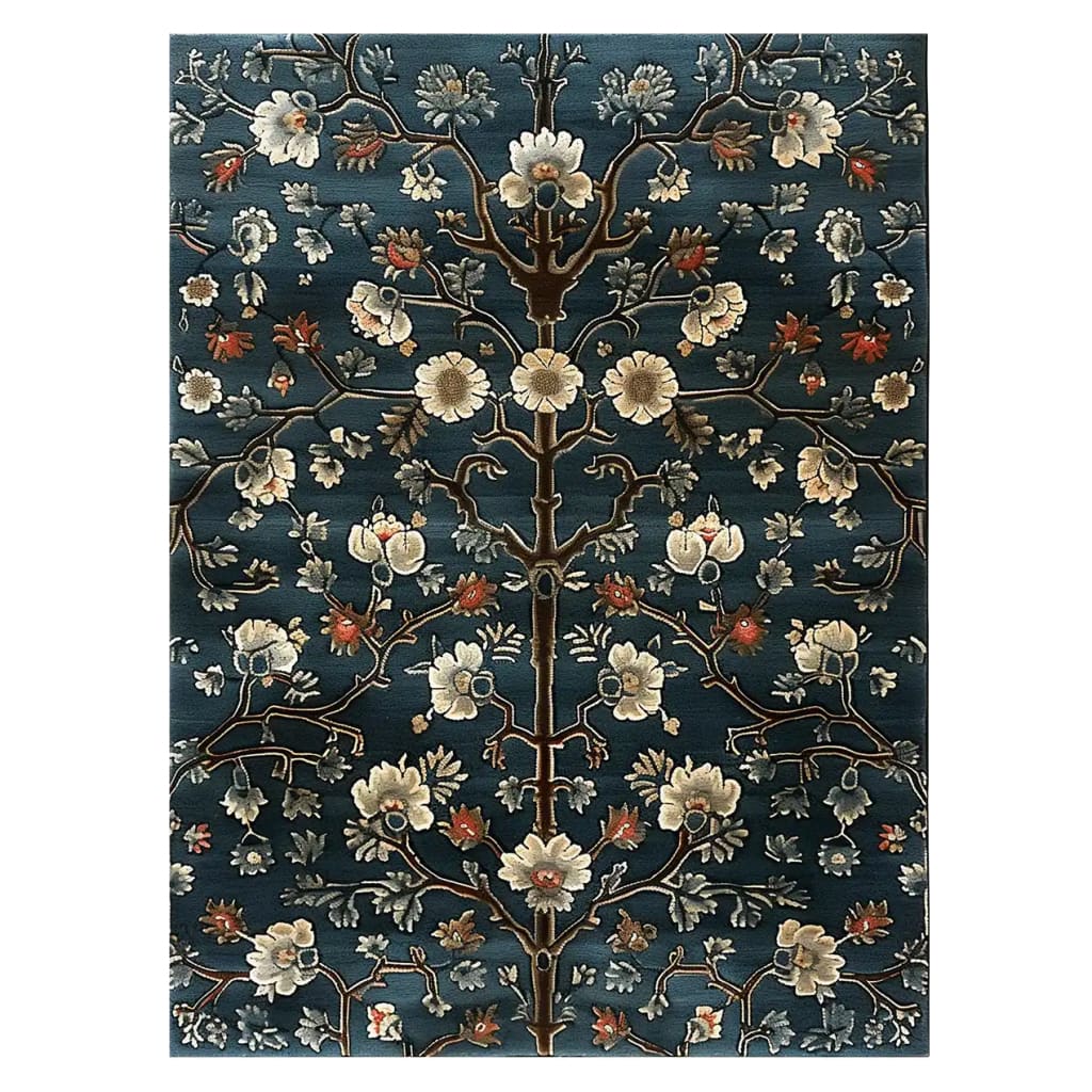 Eternal Elegance Hand Tufted Wool Area Rug featuring an intricate floral design with branches and blossoms in soft hues on a rich, dark background, showcasing a blend of traditional and contemporary styles.
