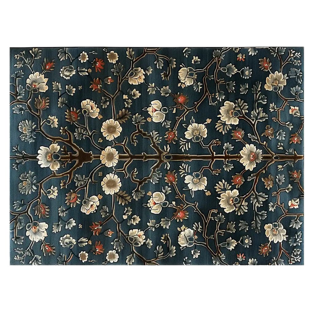 Eternal Elegance Hand Tufted Wool Area Rug featuring a rich floral design with intricate branches and blossoms on a deep blue background. This luxurious rug adds sophistication and style to any living space.