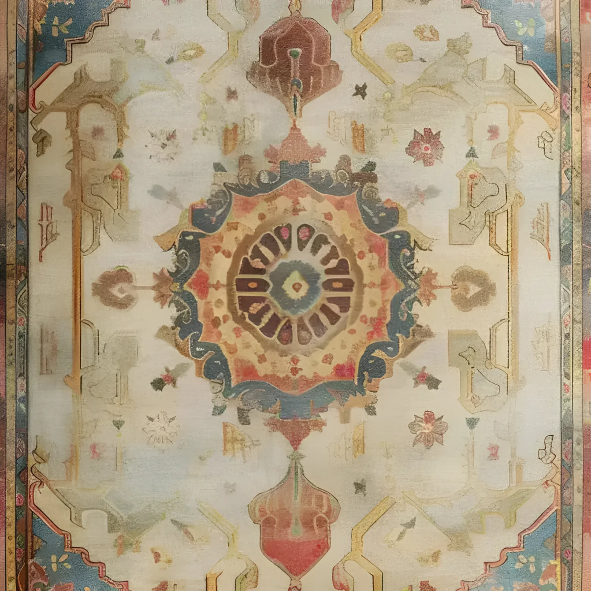 A beautifully intricate hand-knotted area rug featuring a rich tapestry of colors and patterns. The central medallion is surrounded by ornate designs and bordered by vibrant hues, showcasing exquisite craftsmanship.