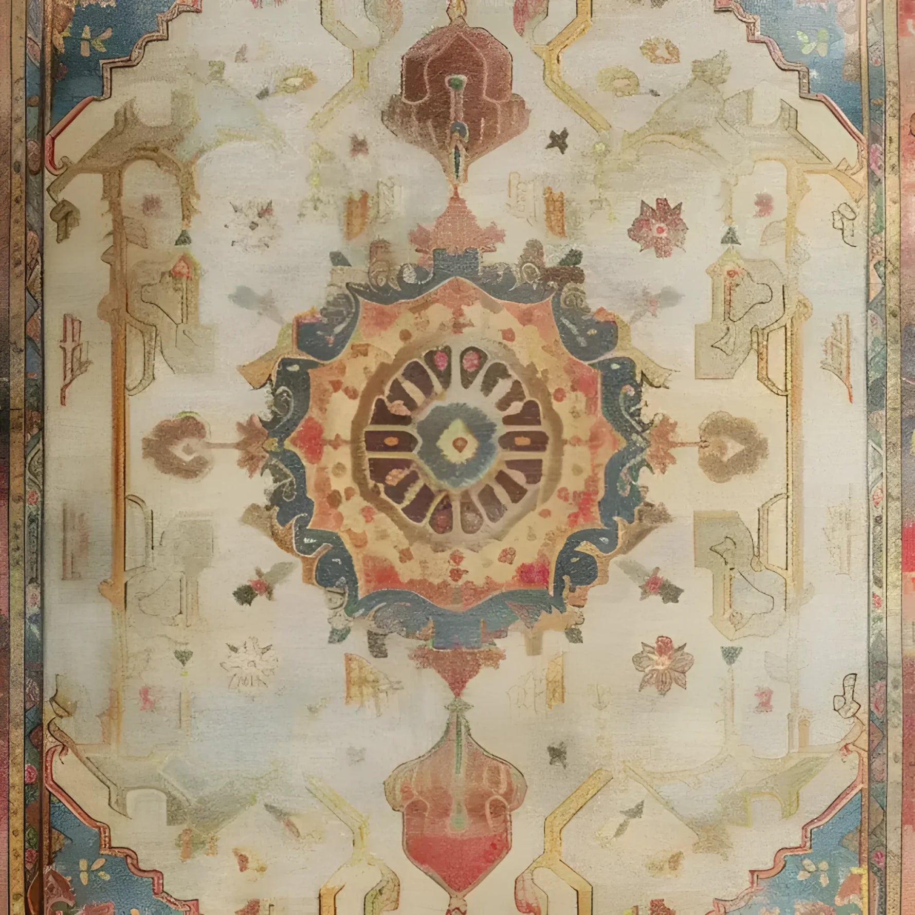 A beautifully intricate hand-knotted area rug featuring a rich tapestry of colors and patterns. The central medallion is surrounded by ornate designs and bordered by vibrant hues, showcasing exquisite craftsmanship.