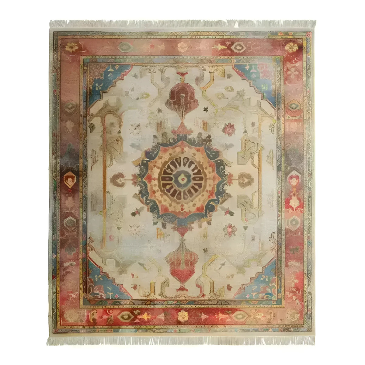 Top view of the Eternal Embellishment Hand Knotted Area Rug showcasing its intricate, ornate design with rich, earthy colors and detailed patterns.