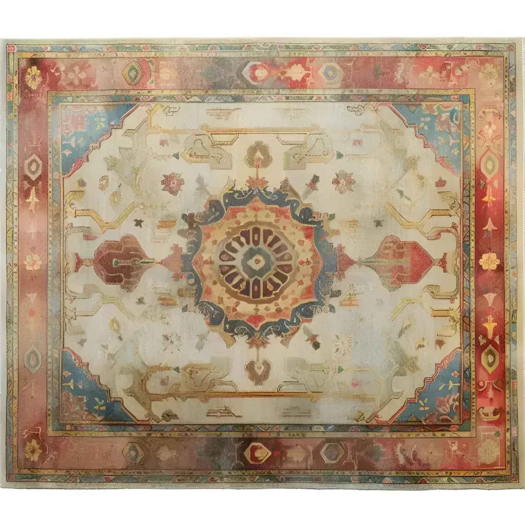 Top view of the Eternal Embellishment Hand Knotted Area Rug showcasing intricate patterns with a central medallion, surrounded by a blend of warm and cool tones in an ornate border design.