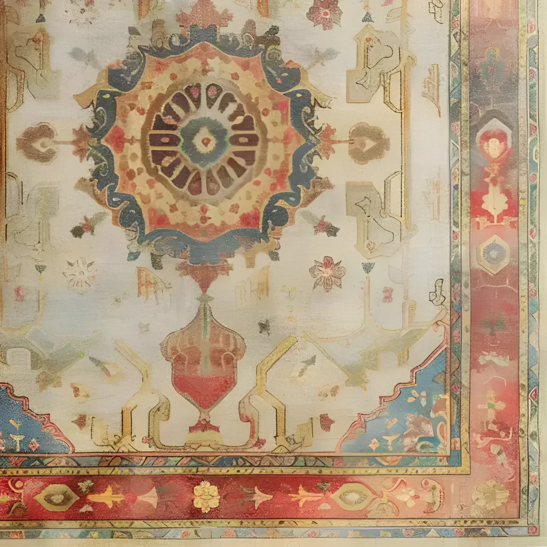 A beautifully detailed hand-knotted area rug featuring an intricate central medallion with vibrant colors and floral patterns. The ornate border adds a touch of elegance, making it a perfect centerpiece for any room.