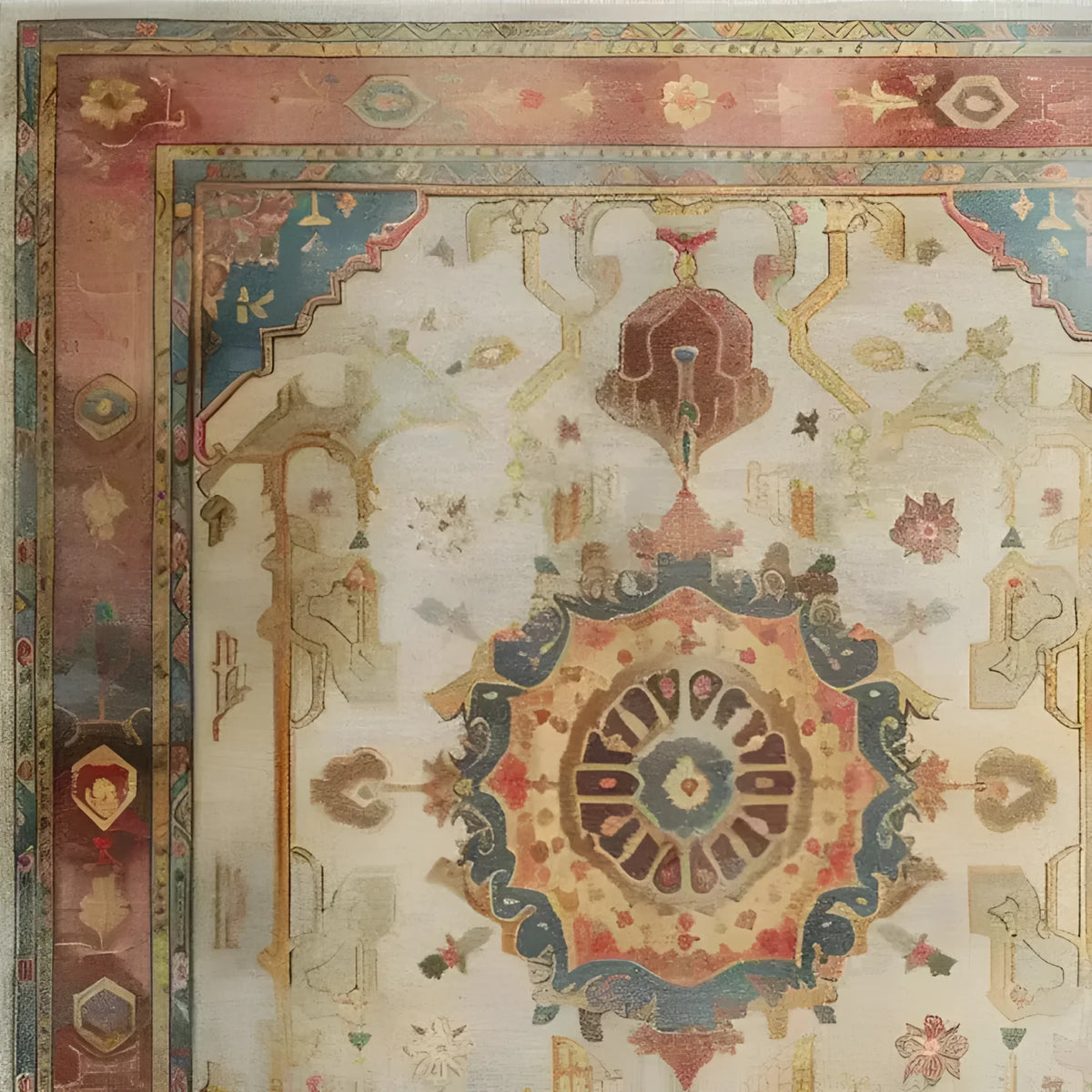 Close-up view of the Eternal Embellishment Hand Knotted Area Rug showcasing intricate patterns and vibrant colors, including a central medallion and detailed border design.