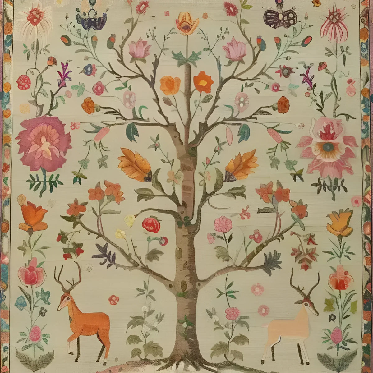 Beautifully hand-knotted area rug featuring a vibrant floral design with a tree motif and colorful blossoms. This Persian-style living room area rug adds elegance and charm to any large living space, showcasing exquisite detail and craftsmanship.