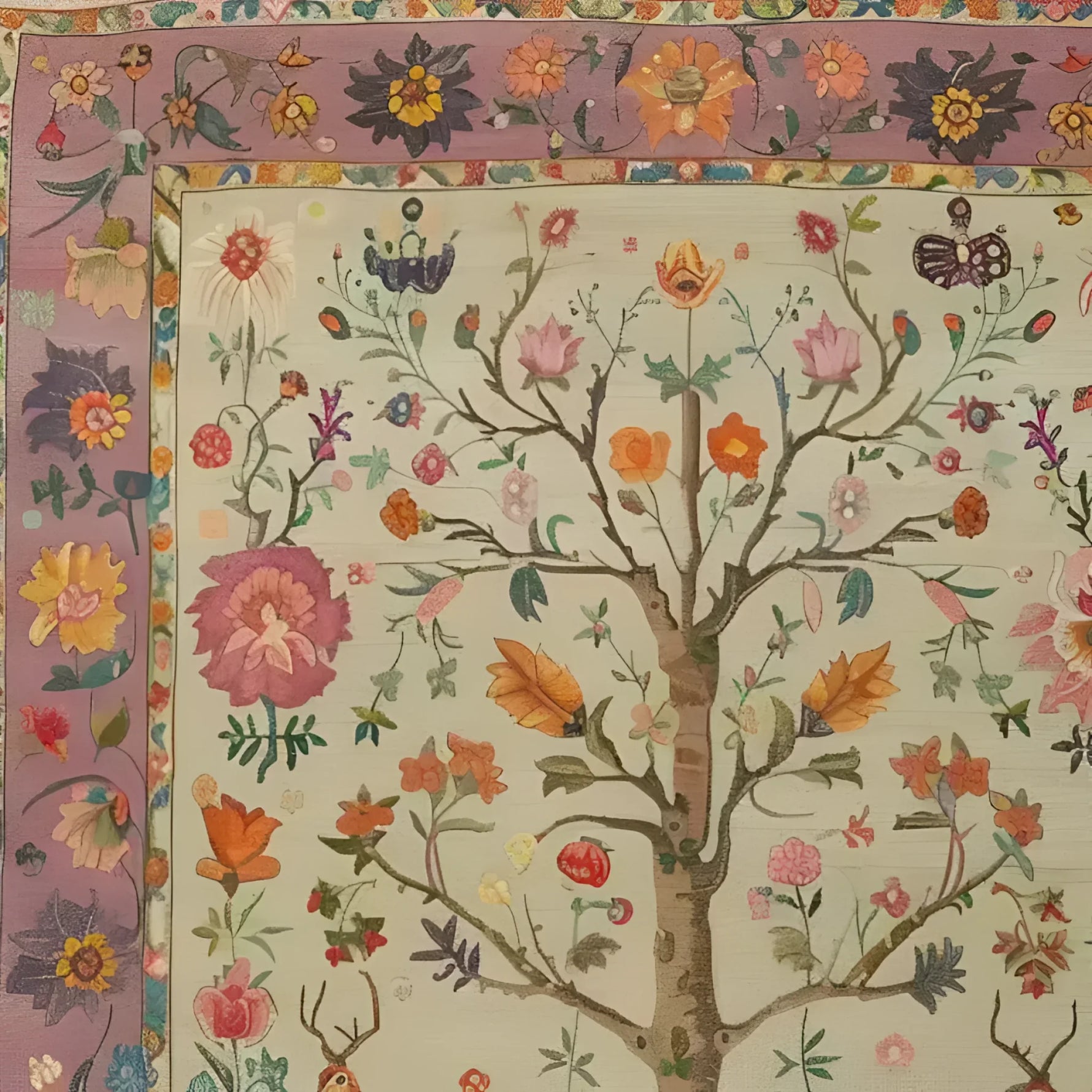 A beautiful hand-knotted area rug featuring an intricate floral design. This Persian rug showcases a vibrant tree motif with colorful blossoms and branches, perfect for enhancing large living room spaces. The border is adorned with detailed floral patterns, making it an exquisite piece for any living room area.