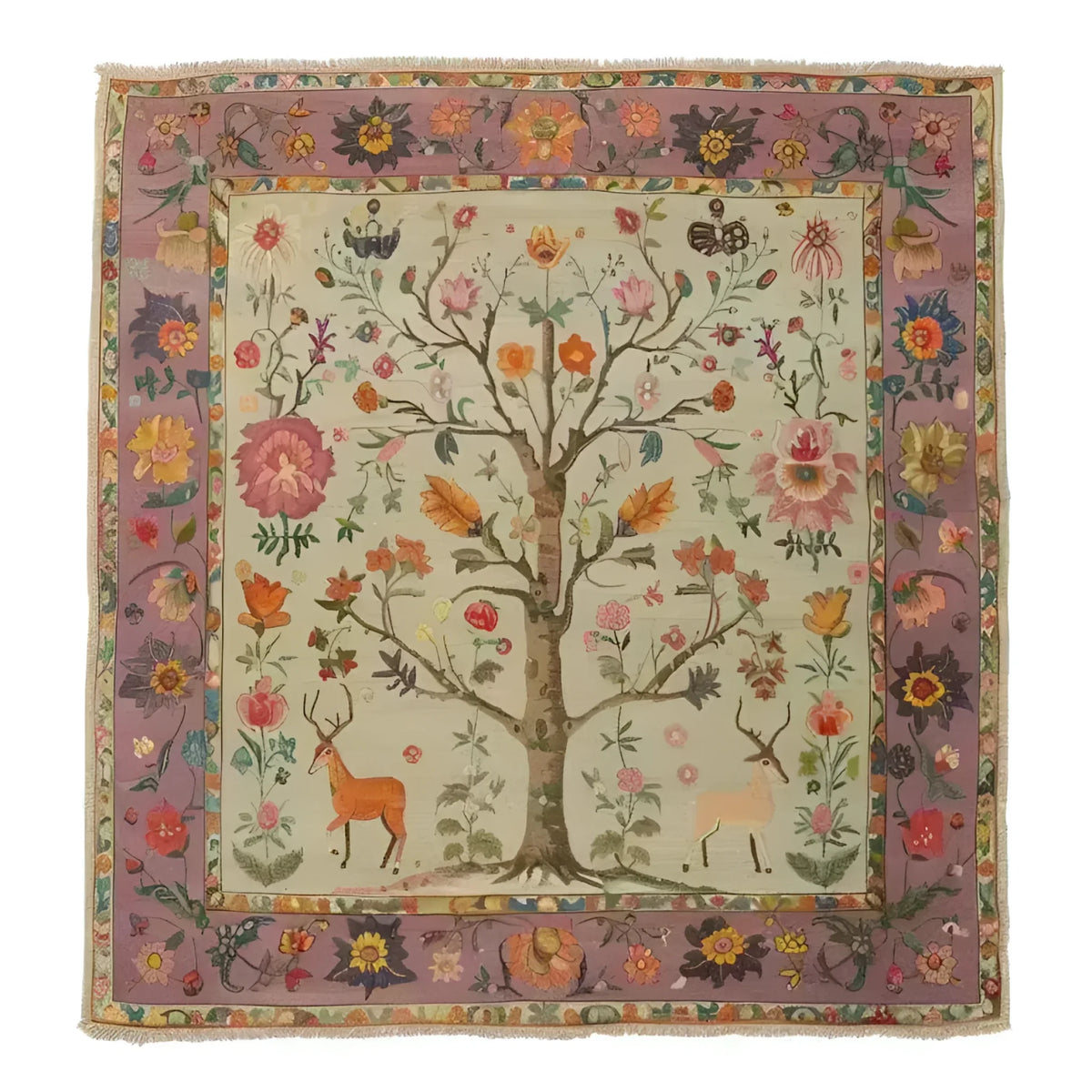 Eternal Growth Tapestry Hand Knotted Area Rug featuring a vibrant depiction of a tree with colorful flowers and deer, bordered by intricate floral designs, showcasing exquisite craftsmanship.